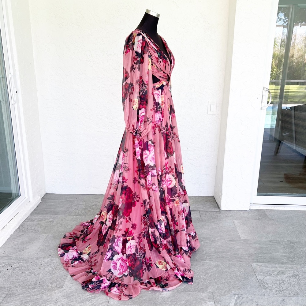 Mac Duggal 67946 Floral Long Sleeve Cut Out Chiffon Maxi Formal Dress Size 4 - Picture 10 of 16